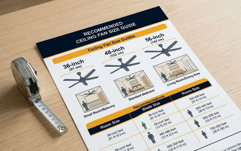 A blade-span size guide comparing different ceiling fan sizes to room dimensions
