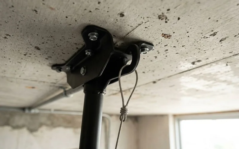 A close-up of a ceiling fan mounting bracket and its safety wire