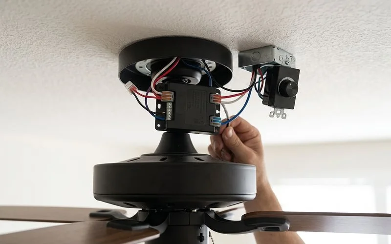 A close-up of a ceiling fan remote receiver unit and a wall regulator switch