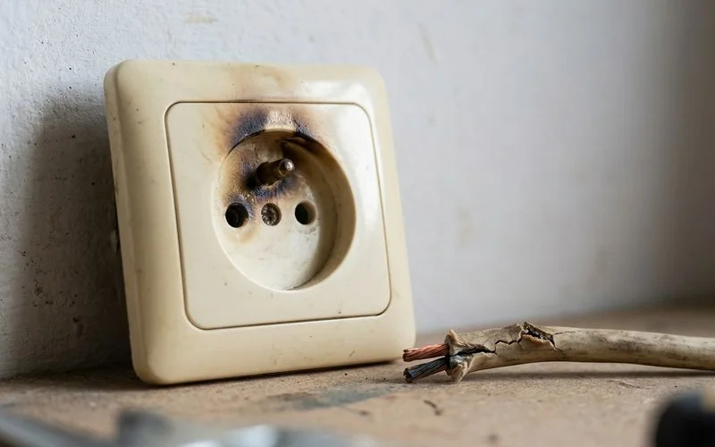 Close-up of a scorched wall socket and frayed cable insulation