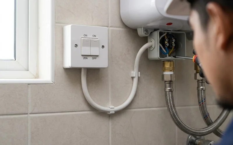 Close-up of dedicated water heater wiring connected to an isolation switch