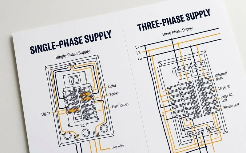 A comparison diagram of single-phase and three-phase supply panels