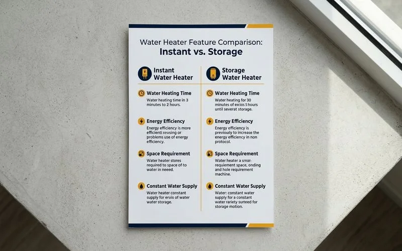 Comparison chart of instant versus storage water heater features