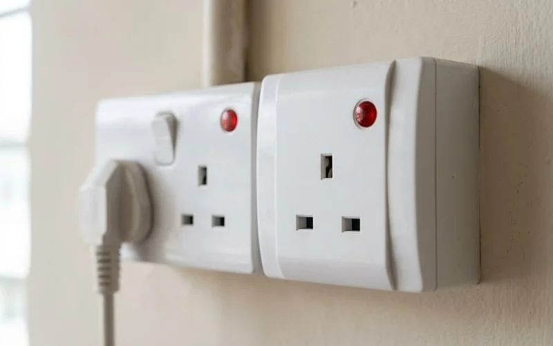 A 13A wall socket shown next to a 15A wall socket for comparison
