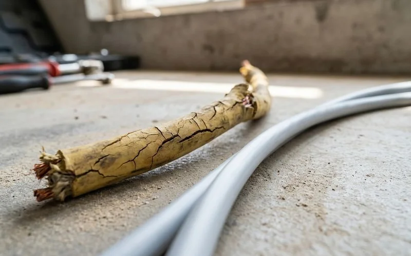 Cracked old cable insulation shown next to modern PVC cable