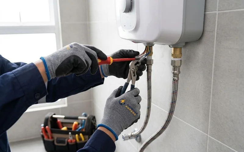Electrician connecting plumbing and wiring to a newly mounted water heater