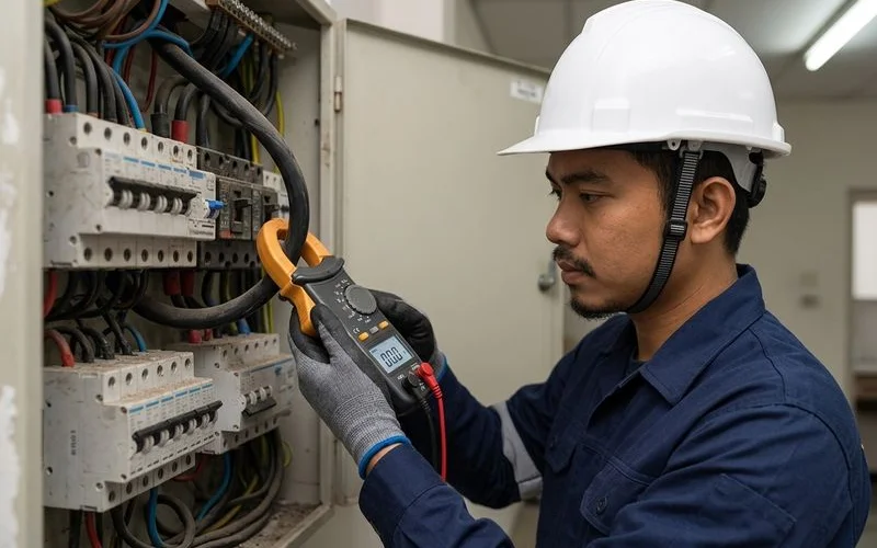 An electrician diagnosing a power-loss fault at a distribution board