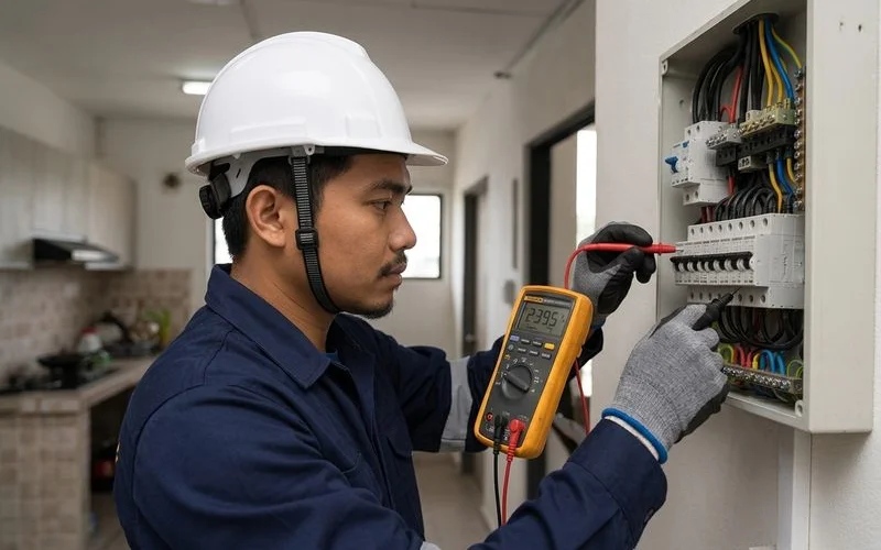 Electrician diagnosing an electrical fault at a distribution board during an emergency callout in an Ampang home