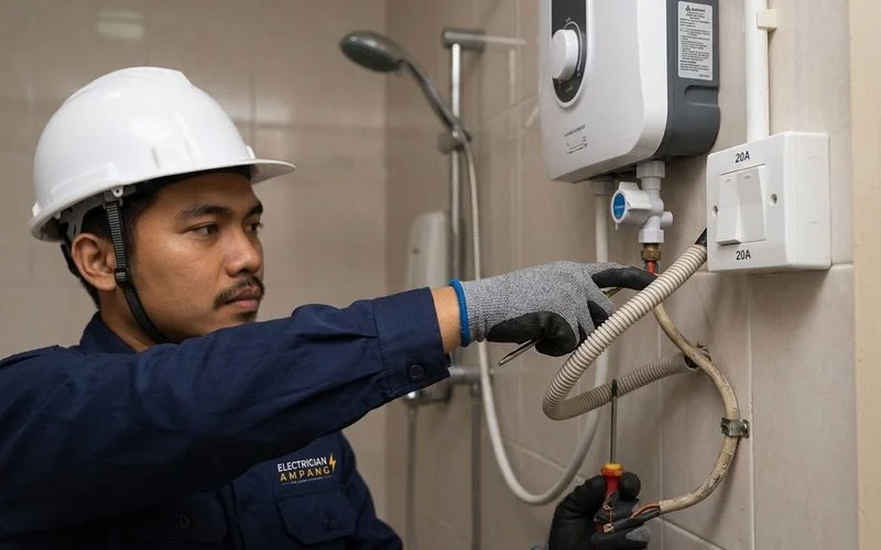 Electrician fitting dedicated wiring and a double-pole isolation switch for a new water heater in an Ampang bathroom