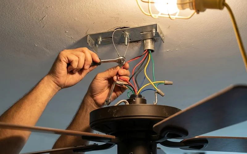 Electrician fixing a load-bearing ceiling fan bracket and running fan-point wiring in an Ampang home