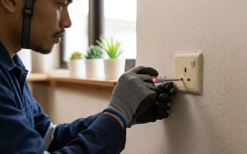 An electrician inspecting a discoloured wall socket with a tester pen in natural light