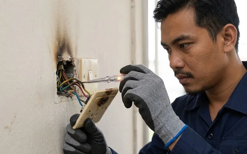 An electrician inspecting an overheated socket with the faceplate removed