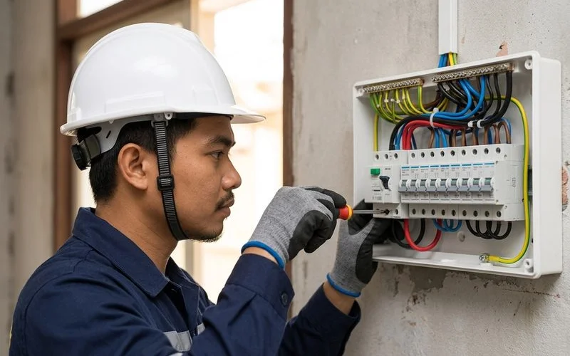 An electrician installing a new distribution board with RCCB and MCBs