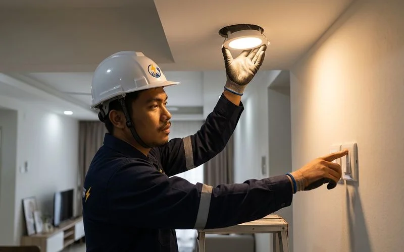 Electrician installing modern LED downlights and testing a switch in an Ampang home