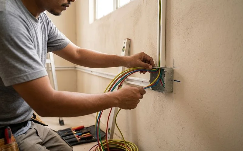An electrician installing new wiring points on a wall