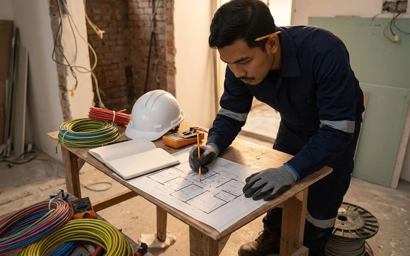 Electrician planning new circuits and running cable during a house rewiring project in an Ampang home