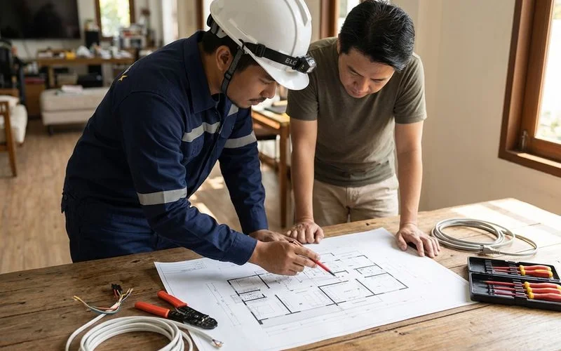 An electrician planning circuits with a homeowner using a floor plan