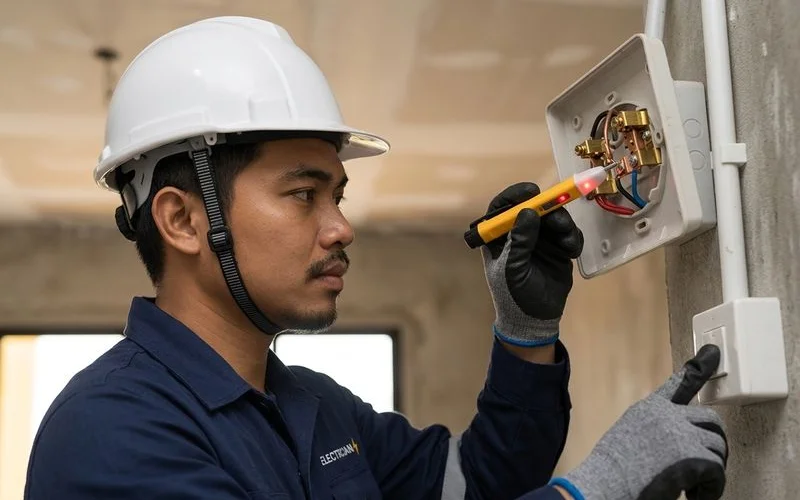 An electrician testing a light fitting and switch with a tester pen