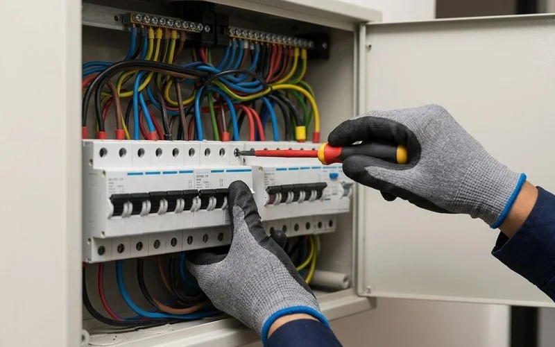 An electrician tightening a terminal connection inside a distribution board