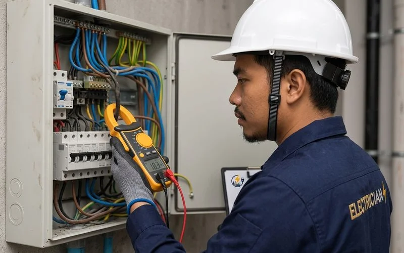 An electrician tracing a tripping fault at a DB box using a clamp meter