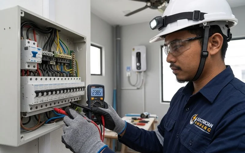 An electrician using a tester to assess a distribution board during a site visit