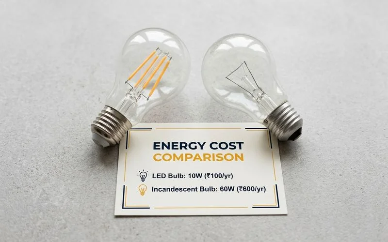 An LED bulb next to a conventional bulb showing running-cost figures