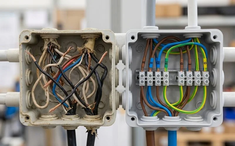 A messy DIY junction box shown next to a neat, properly terminated junction box wired by a professional