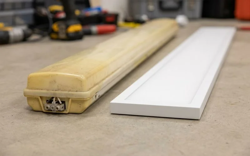 An old fluorescent fitting next to a new LED ceiling light