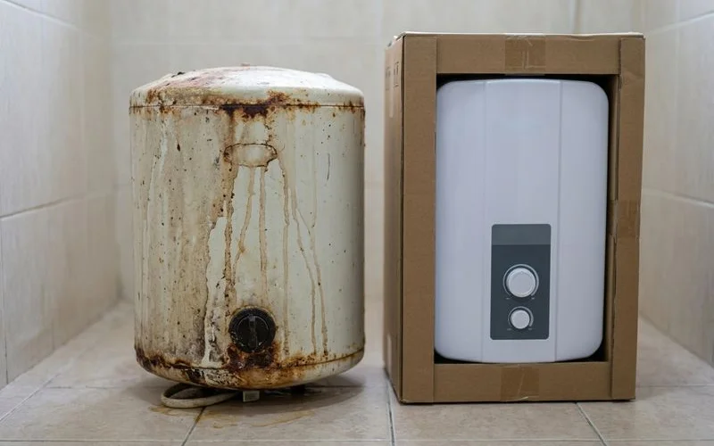 An old leaking water heater next to a new replacement unit