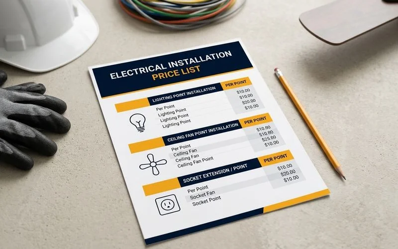 A per-point pricing tier infographic for lighting, fans and sockets