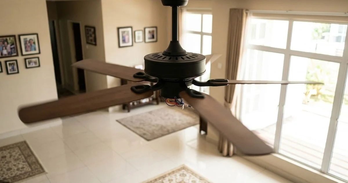 A ceiling fan running in a bright, airy Malaysian living room