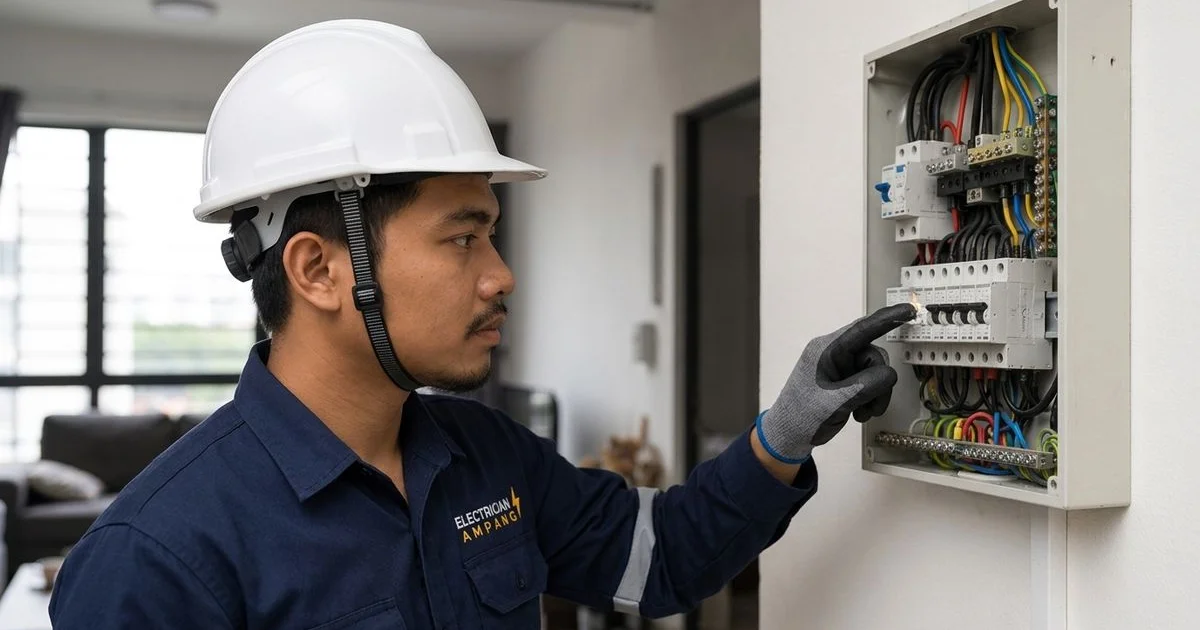 Close-up of a distribution board with an electrician pointing at one breaker