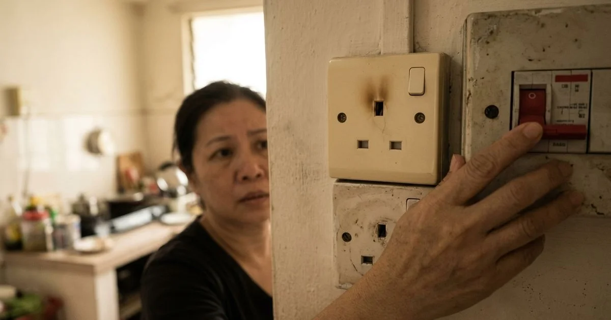 A discoloured wall socket with faint scorch marks as a homeowner reaches for the main switch
