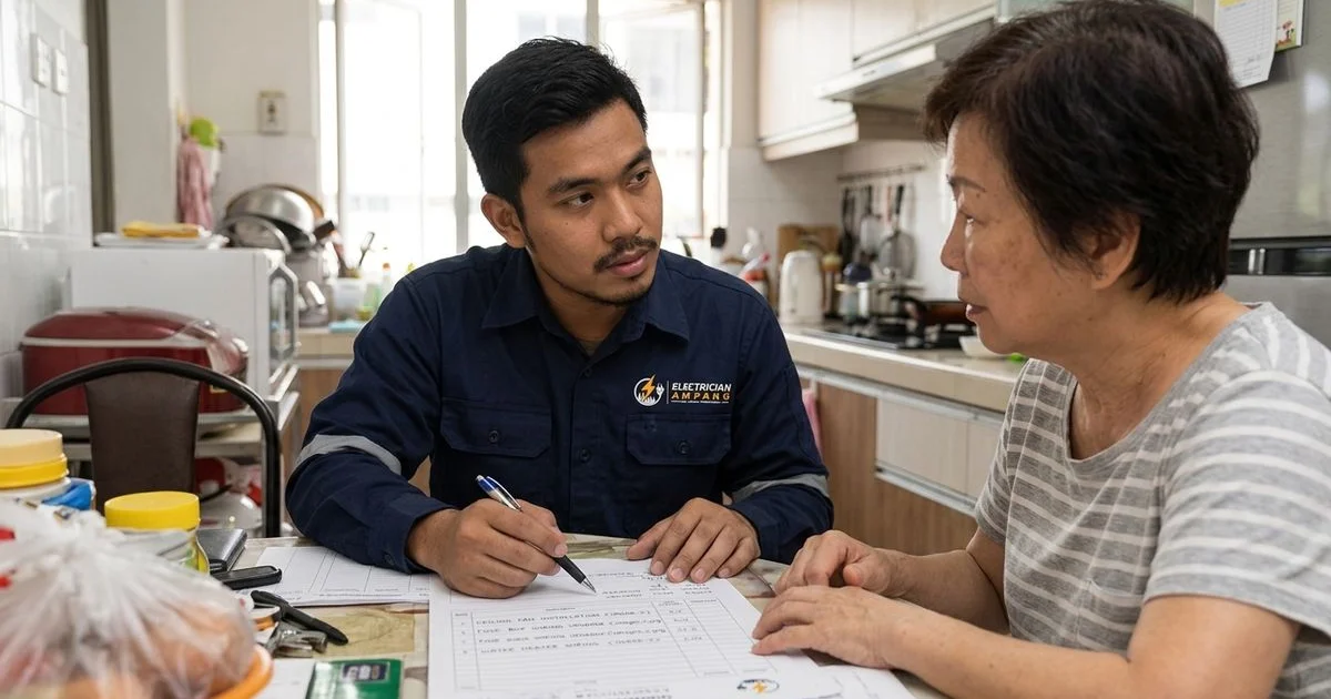 An electrician sitting at a table discussing a written quotation with a homeowner