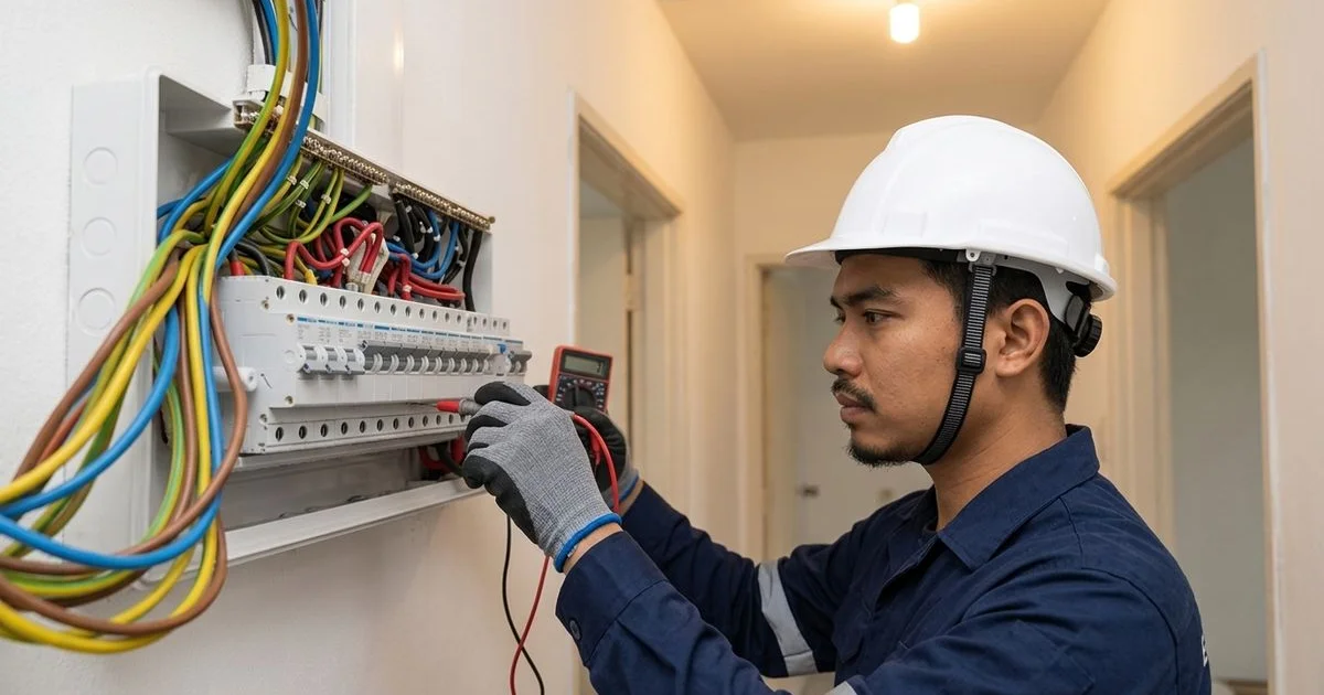 An electrician examining a three-phase distribution board in a large home