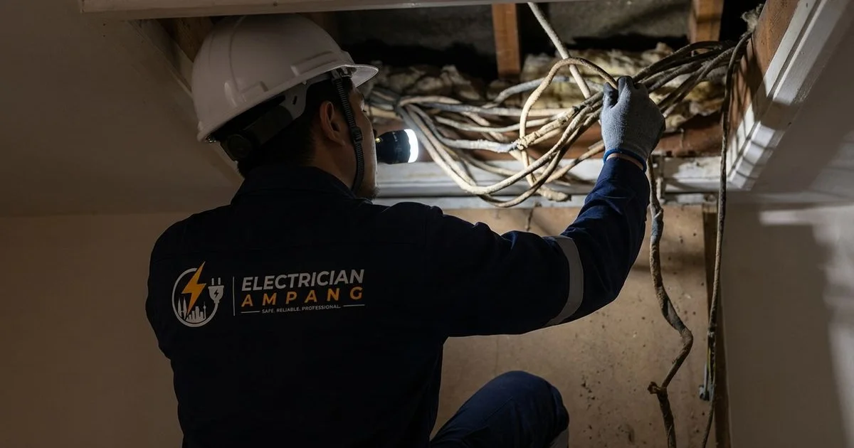 An electrician examining old discoloured wiring in the ceiling of an older terrace house
