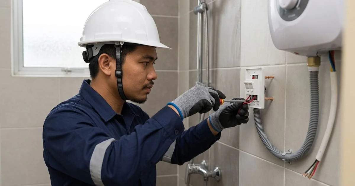 Electrician fitting a 20A double-pole switch beside a water heater