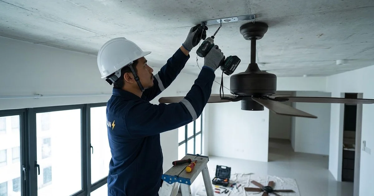 An electrician fixing a load-bearing ceiling fan bracket to a concrete ceiling