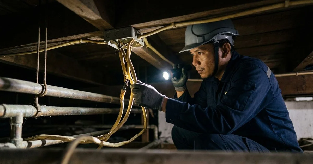 An electrician inspecting an old junction box with brittle insulation by torchlight