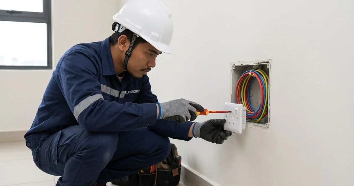 Electrician installing a new wall power socket in a Malaysian home