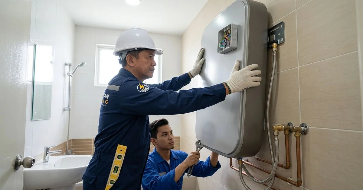 Electrician mounting a storage water heater on a bathroom wall