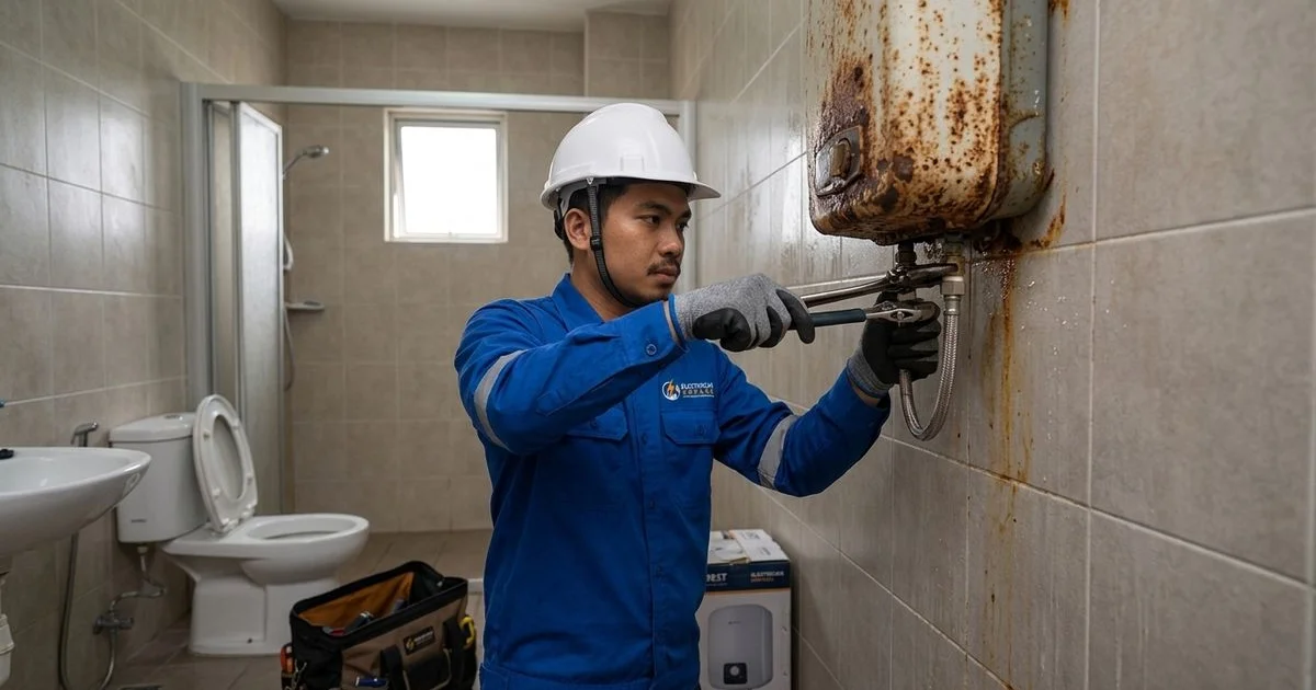 Electrician removing an old corroded water heater from a bathroom wall
