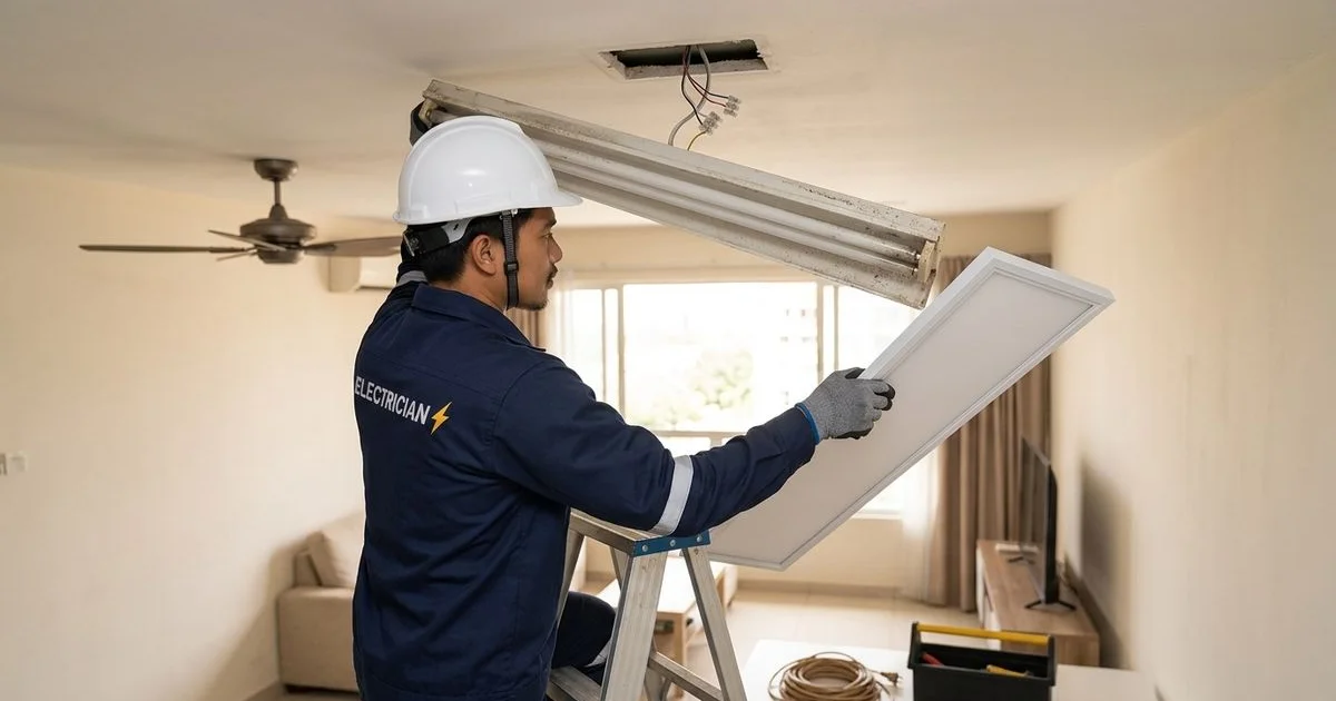 Electrician replacing an outdated ceiling light with a modern LED fixture