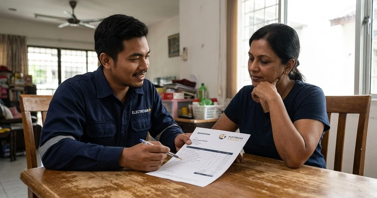 An electrician reviewing a written rewiring quote with a homeowner