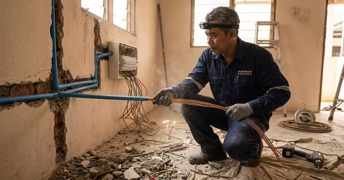 An electrician rewiring an older Malaysian terrace house during a renovation
