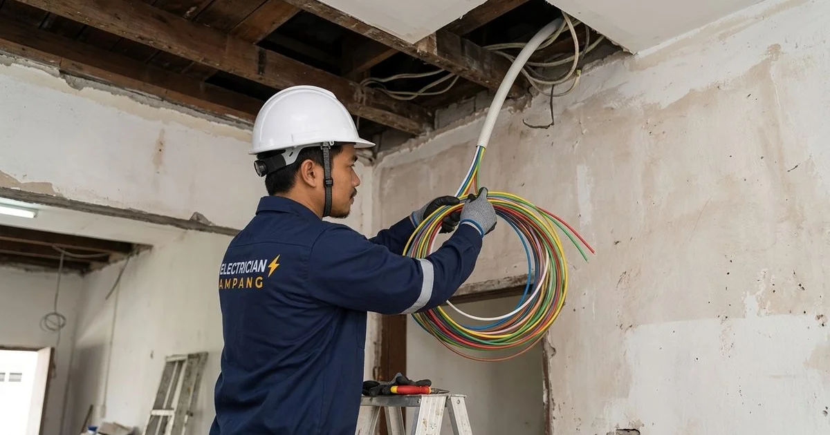 An electrician running new concealed conduit through a partly renovated home
