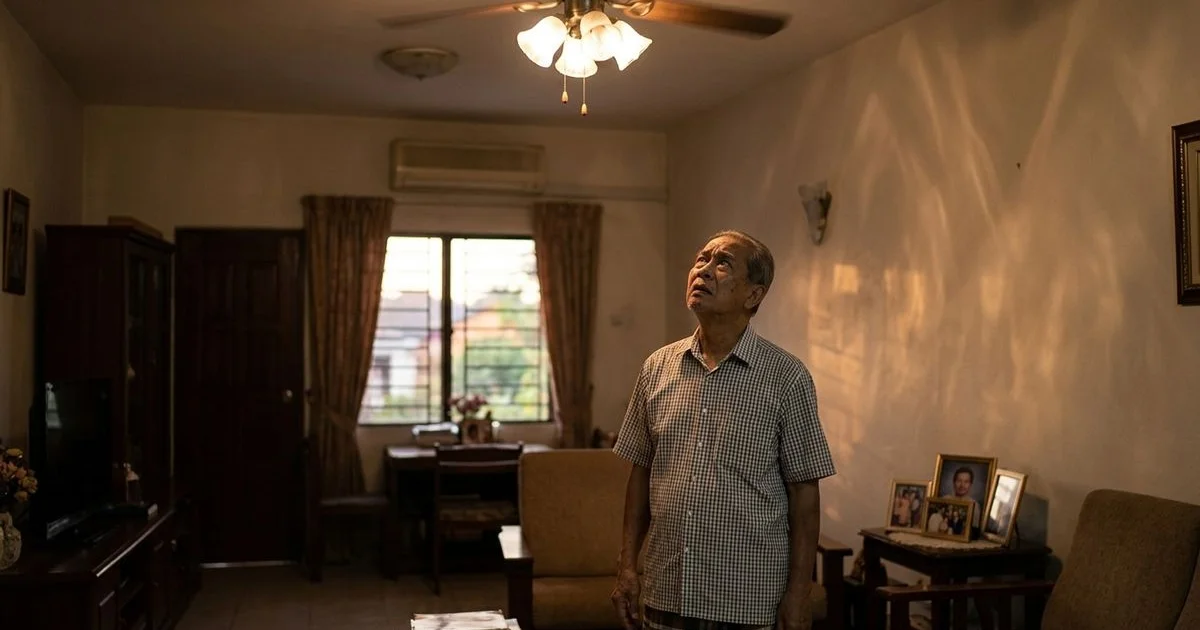 A flickering ceiling light in a Malaysian living room at dusk
