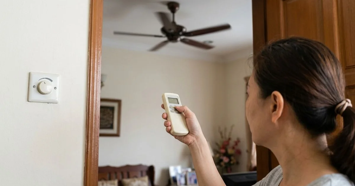 A hand using a ceiling fan remote control beside a wall-mounted fan regulator switch