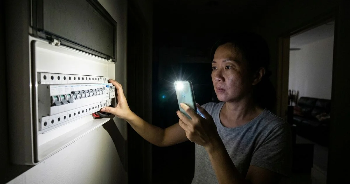 A homeowner checking the main distribution board by torchlight during a blackout