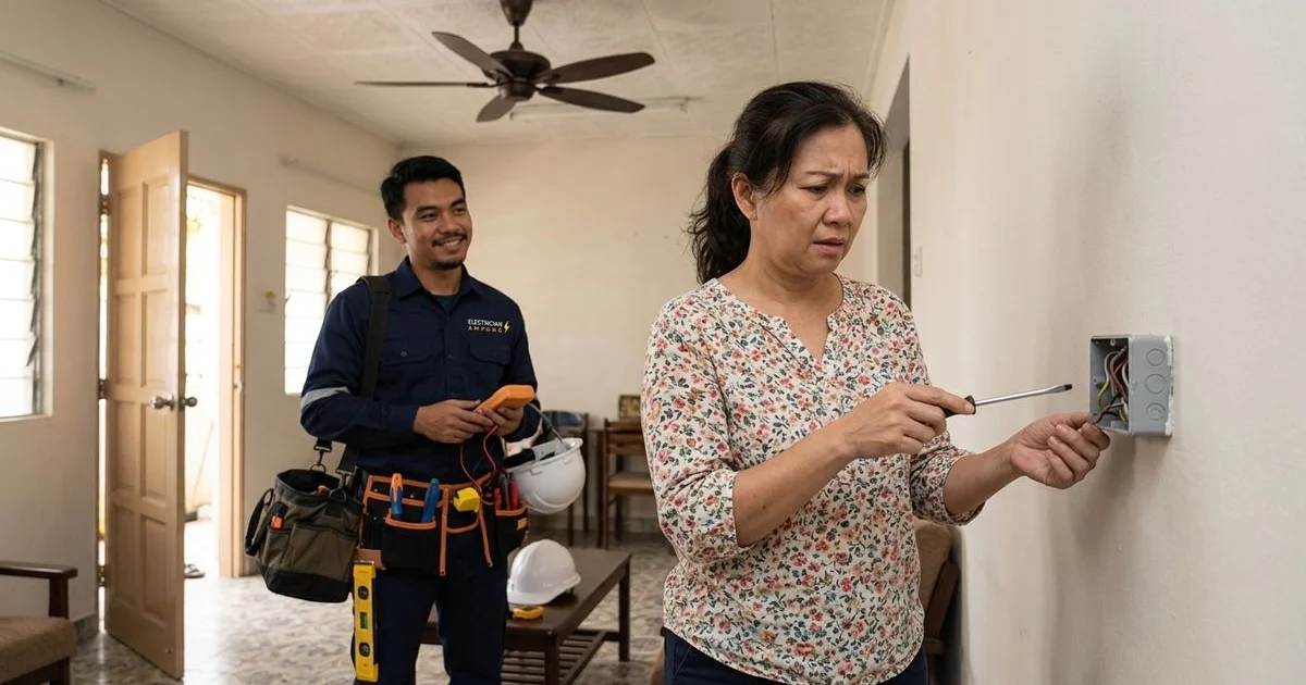 A homeowner pausing with a screwdriver near an open wall socket while a professional electrician stands beside them